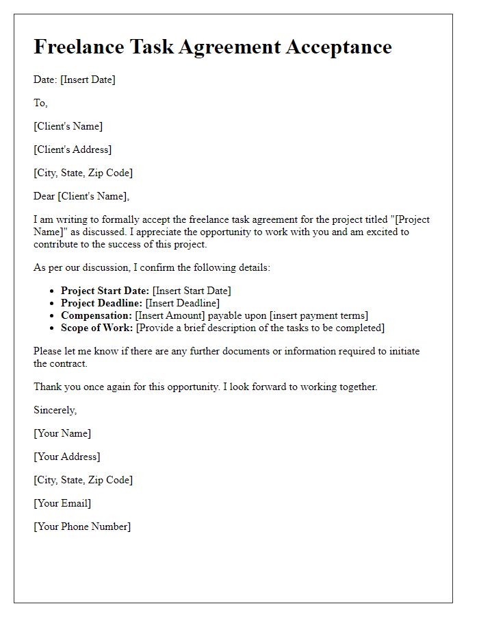 Letter template of freelance task agreement acceptance.