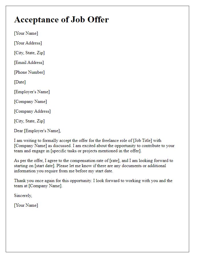 Letter template of remote job offer acceptance for a freelance role