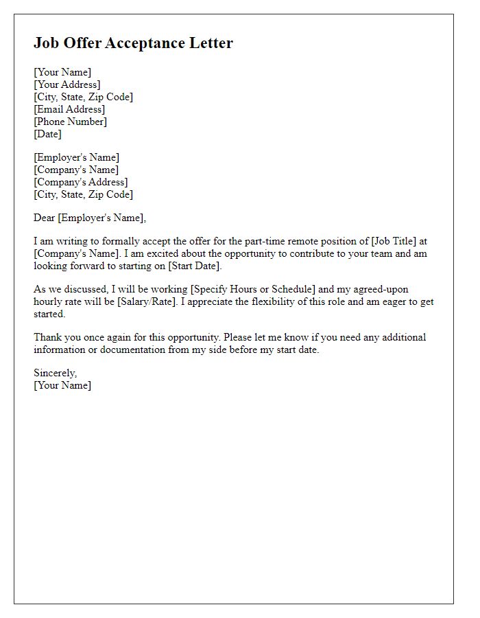 Letter template of remote job offer acceptance for part-time position