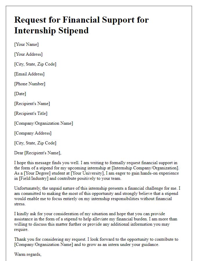 Letter template of internship stipend request for financial support.