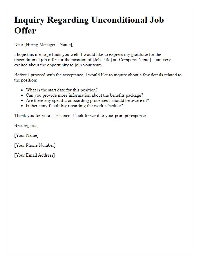 Letter template of inquiry about unconditional job offer details