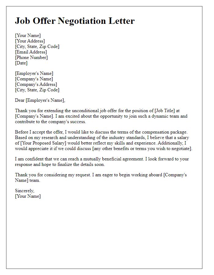 Letter template of negotiation for unconditional job offer