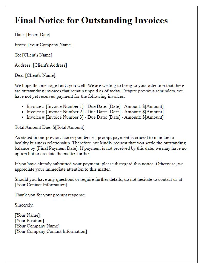 Letter template of final notice for outstanding invoices