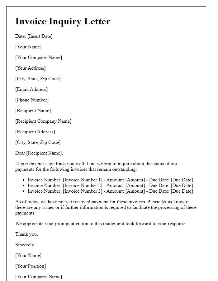 Letter template of invoice inquiry for unreceived payments