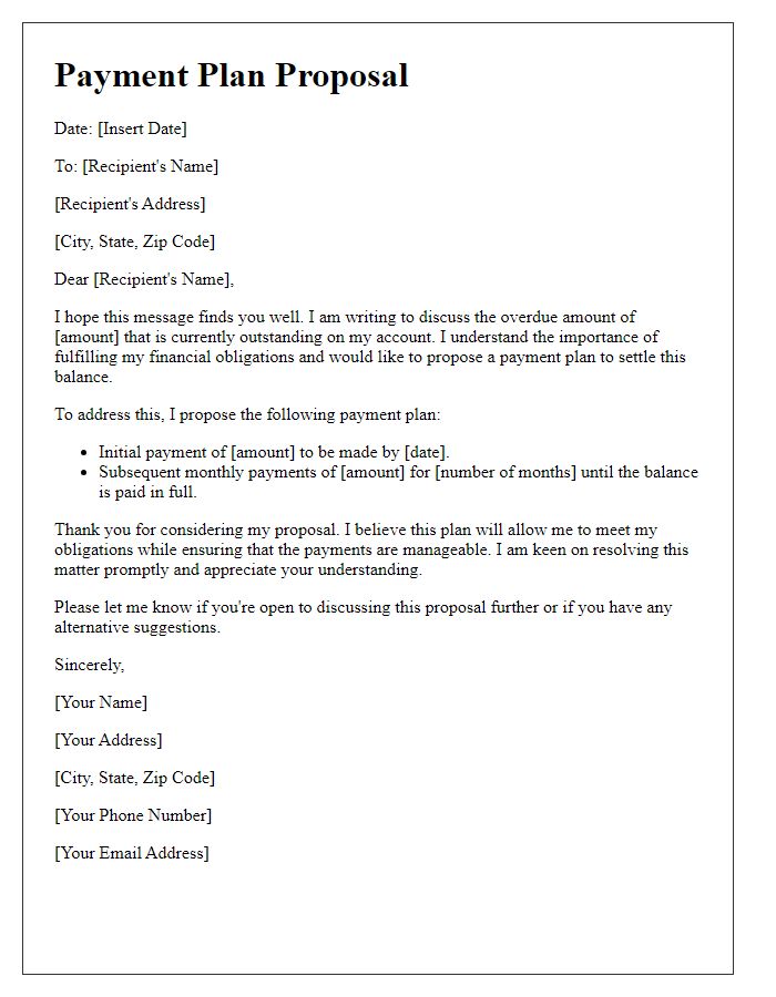 Letter template of payment plan proposal for overdue amounts