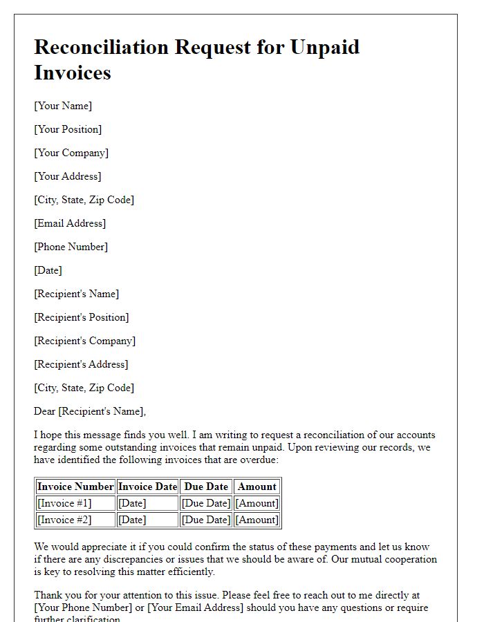 Letter template of reconciliation request for unpaid invoices