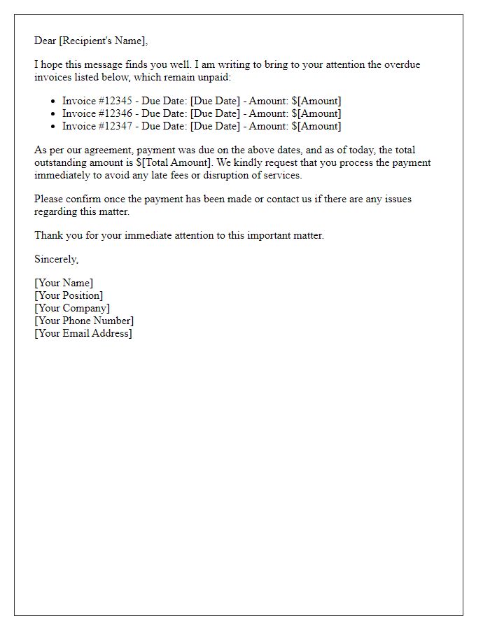 Letter template of request for immediate payment on overdue invoices