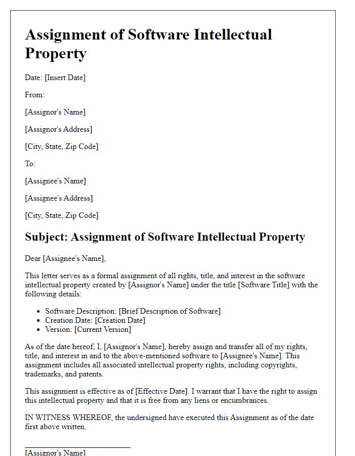 Letter template of assignment of software intellectual property