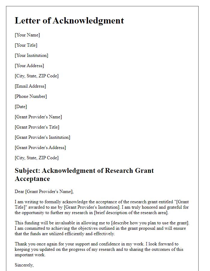 Letter template of acknowledgment for research grant acceptance