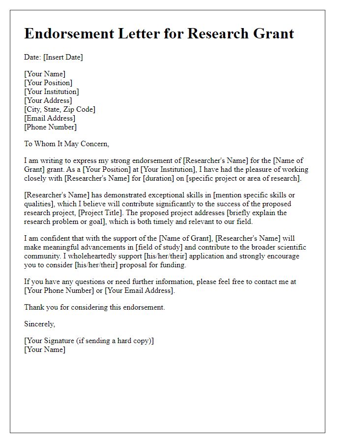 Letter template of endorsement for research grant offer