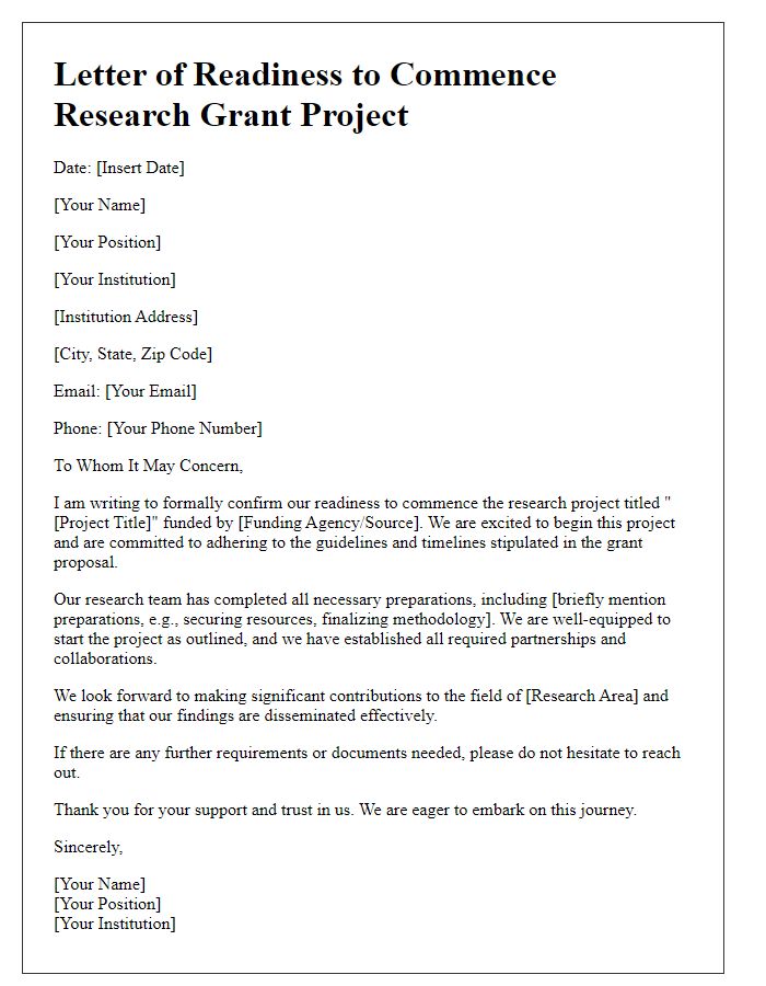 Letter template of readiness to commence research grant project