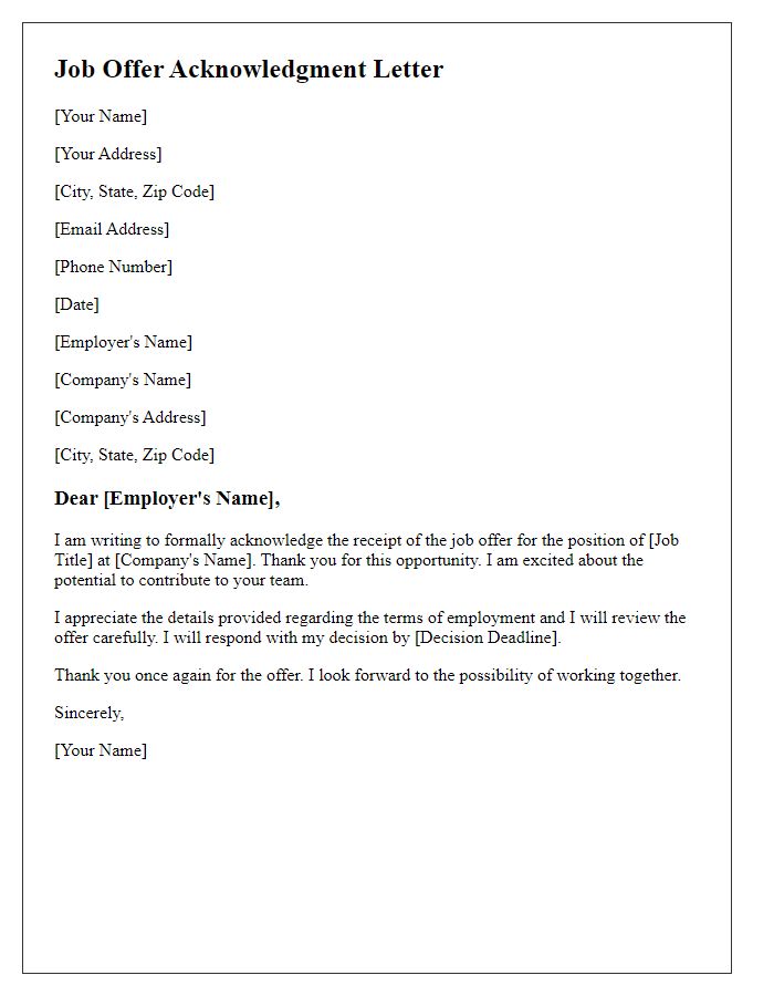 Letter template of acknowledgment for job offer