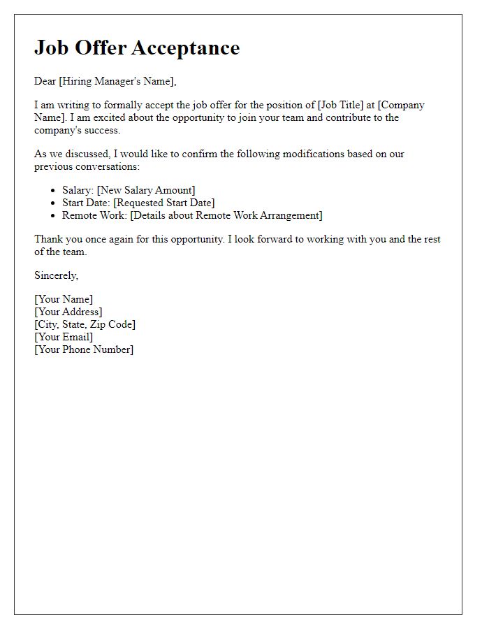 Letter template of acceptance for a job offer with requested modifications