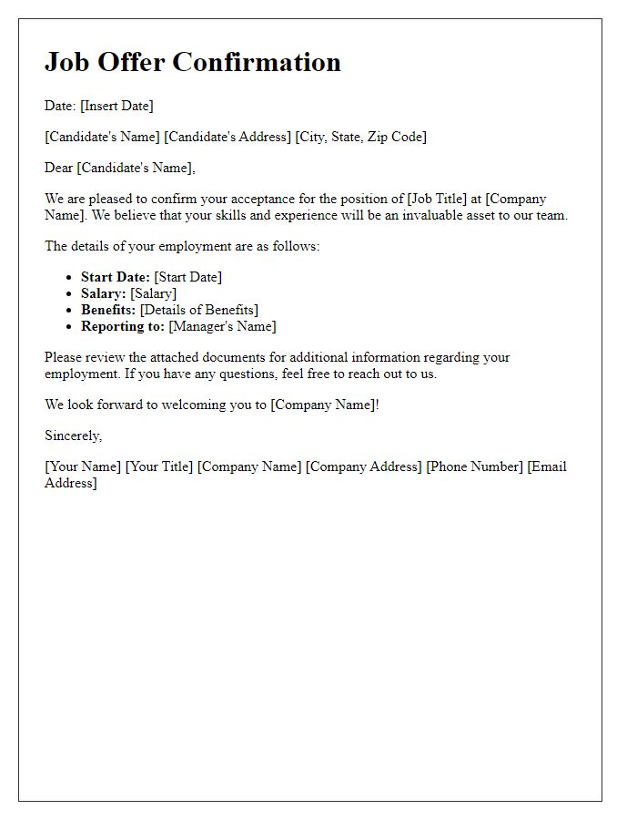 Letter template of job offer confirmation for a specific position