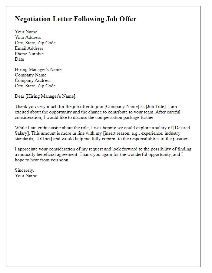 Letter template of negotiation following job offer