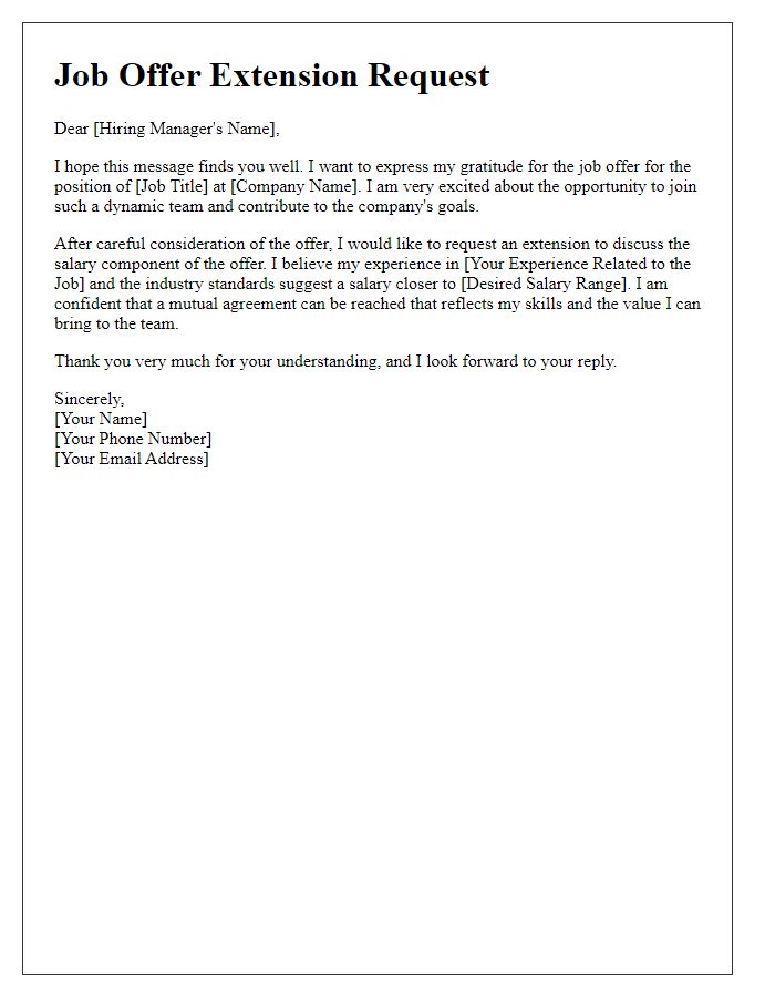 Letter template of job offer extension request for salary negotiation.