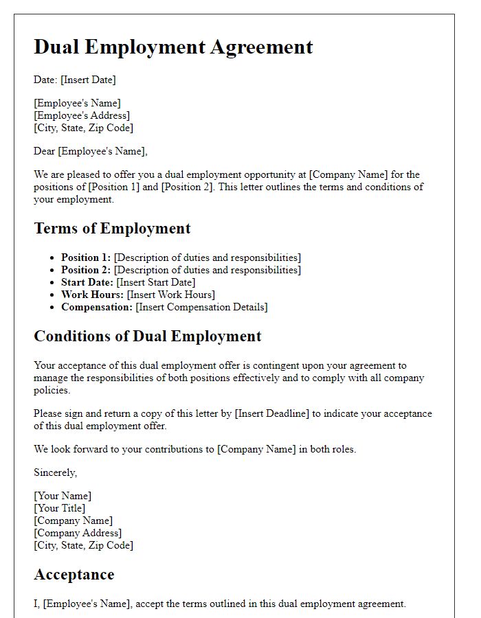 Letter template of agreement for a dual employment offer