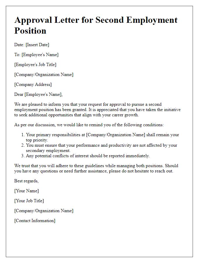 Letter template of approval for a second employment position