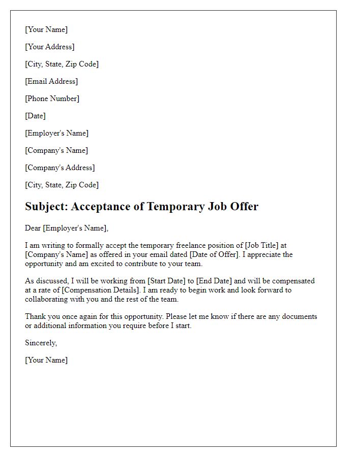 Letter template of temporary job offer acceptance for a freelance position.