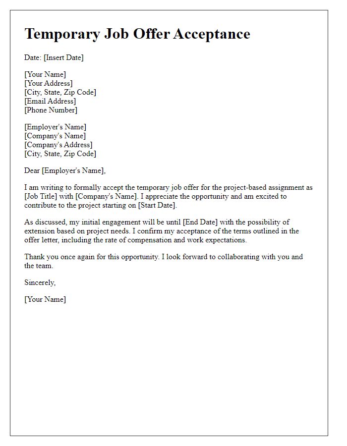 Letter template of temporary job offer acceptance for project-based assignment.