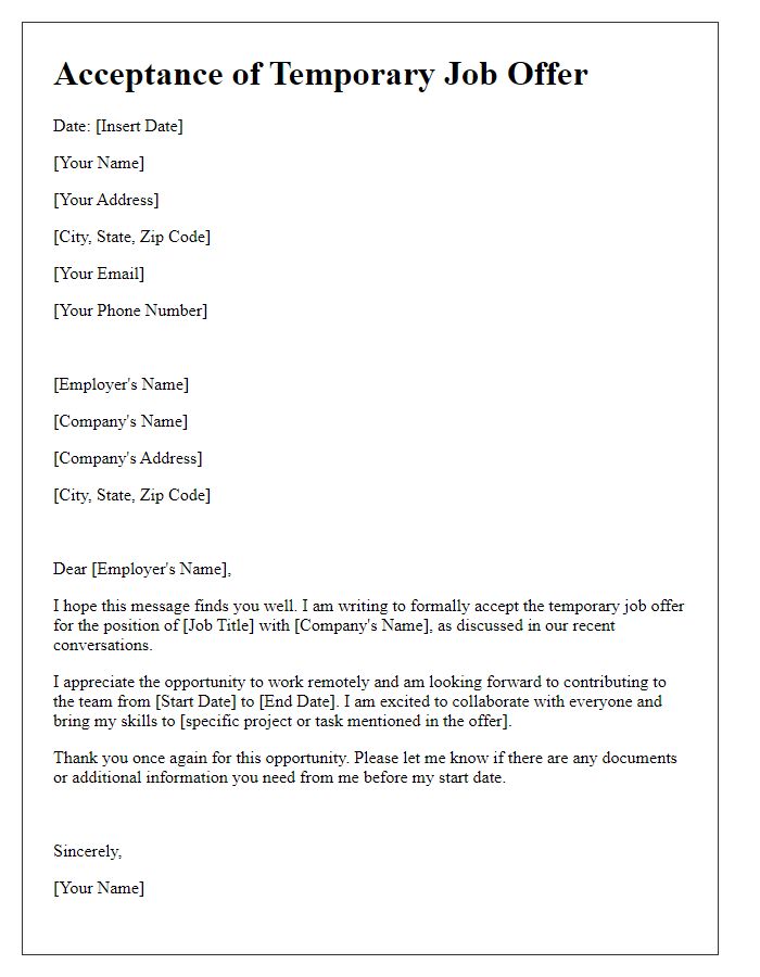 Letter template of temporary job offer acceptance for remote work position.