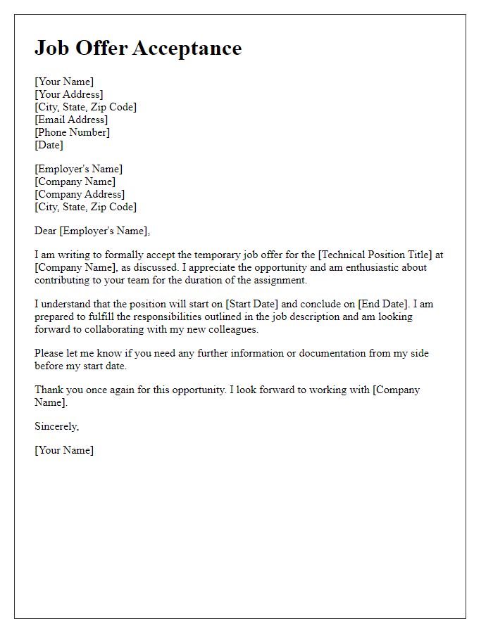 Letter template of temporary job offer acceptance for technical position.