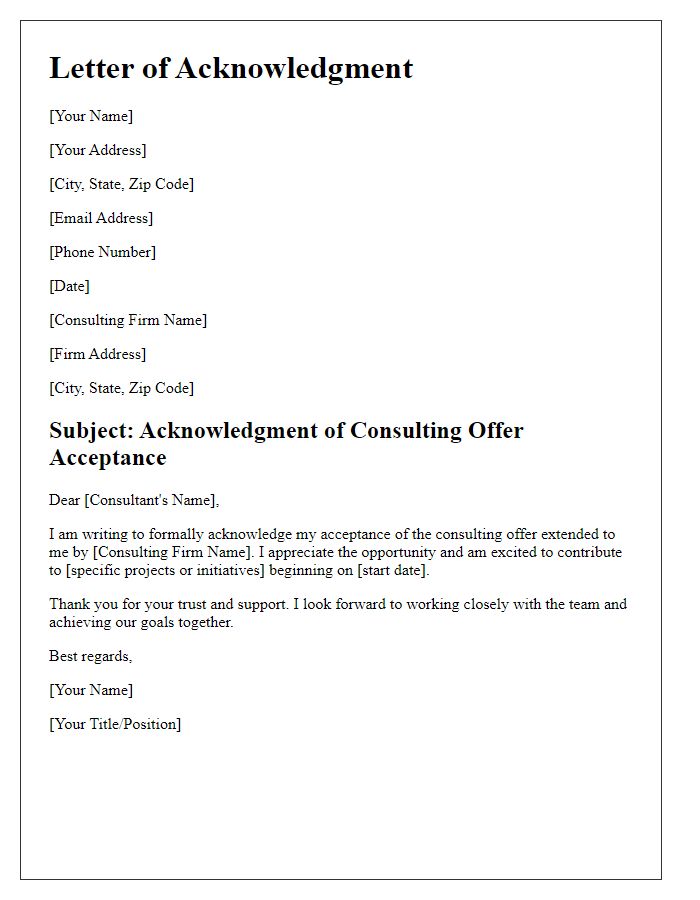 Letter template of acknowledgment for consulting offer acceptance