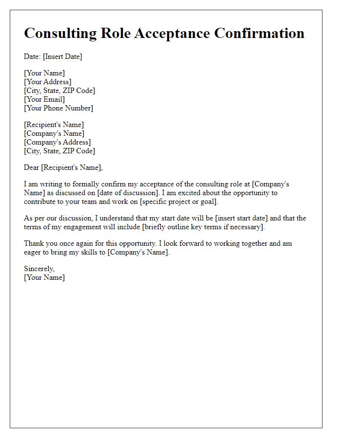 Letter template of confirmation for consulting role acceptance