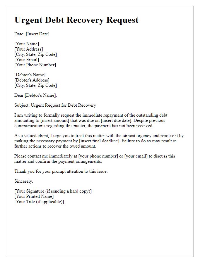 Letter template of urgent debt recovery request