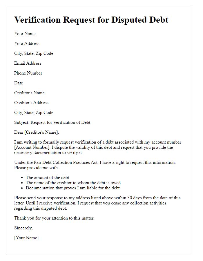 Letter template of verification request for disputed debt