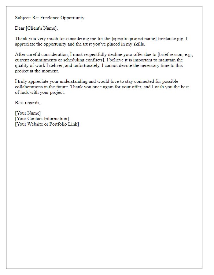 Letter template of professional decline for freelance gig