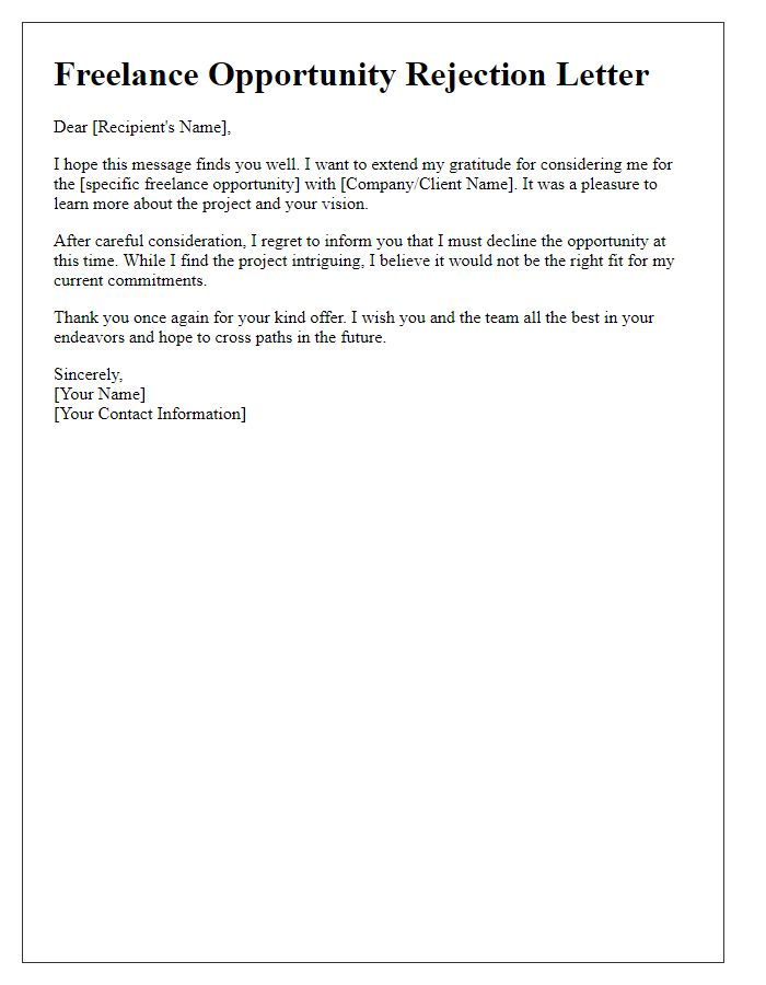 Letter template of respectful rejection of freelance opportunity