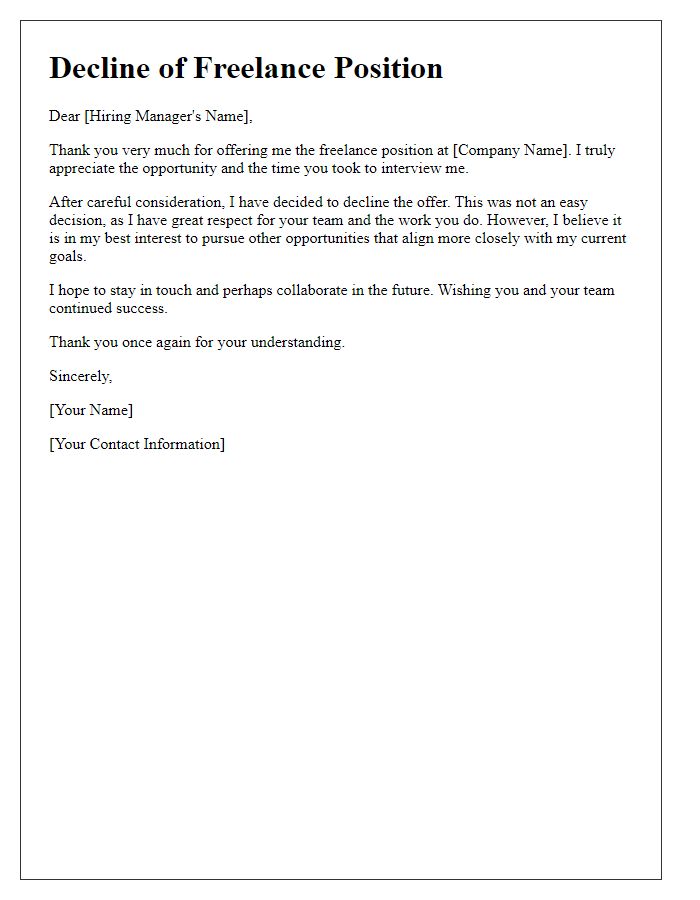 Letter template of thoughtful decline of freelance position