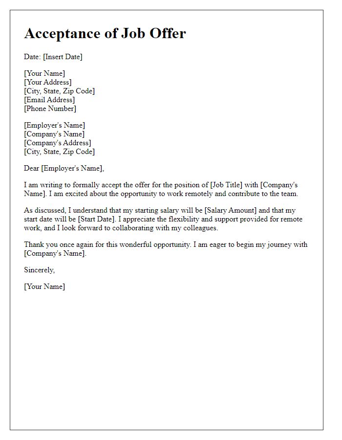 Letter template of acceptance for remote international job offer.