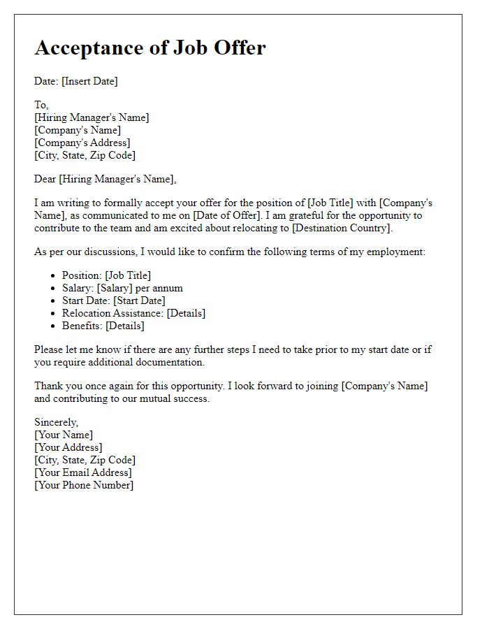 Letter template of expatriate job offer acceptance with confirmation of terms