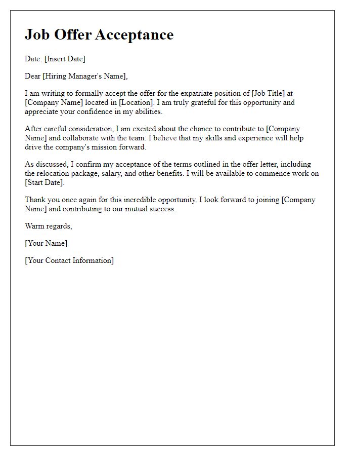 Letter template of expatriate job offer acceptance with gratitude