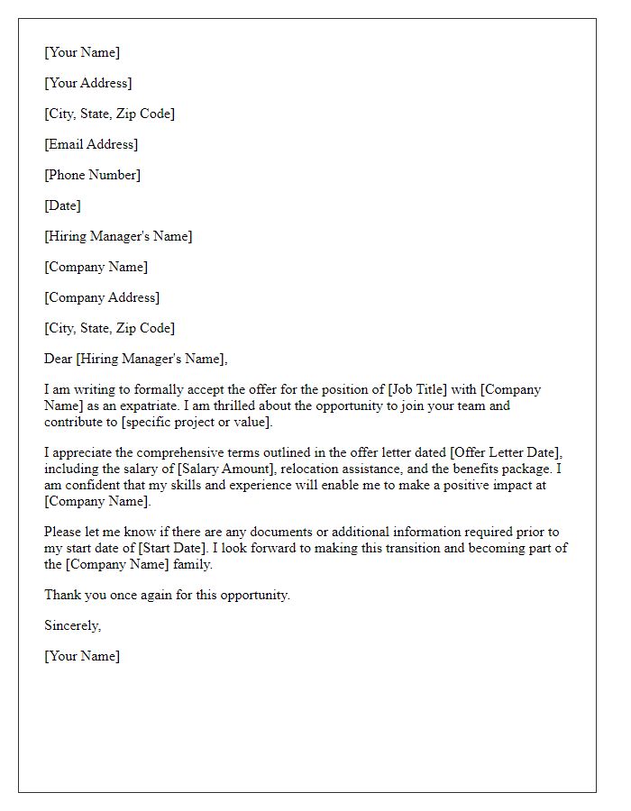 Letter template of formal expatriate job offer acceptance