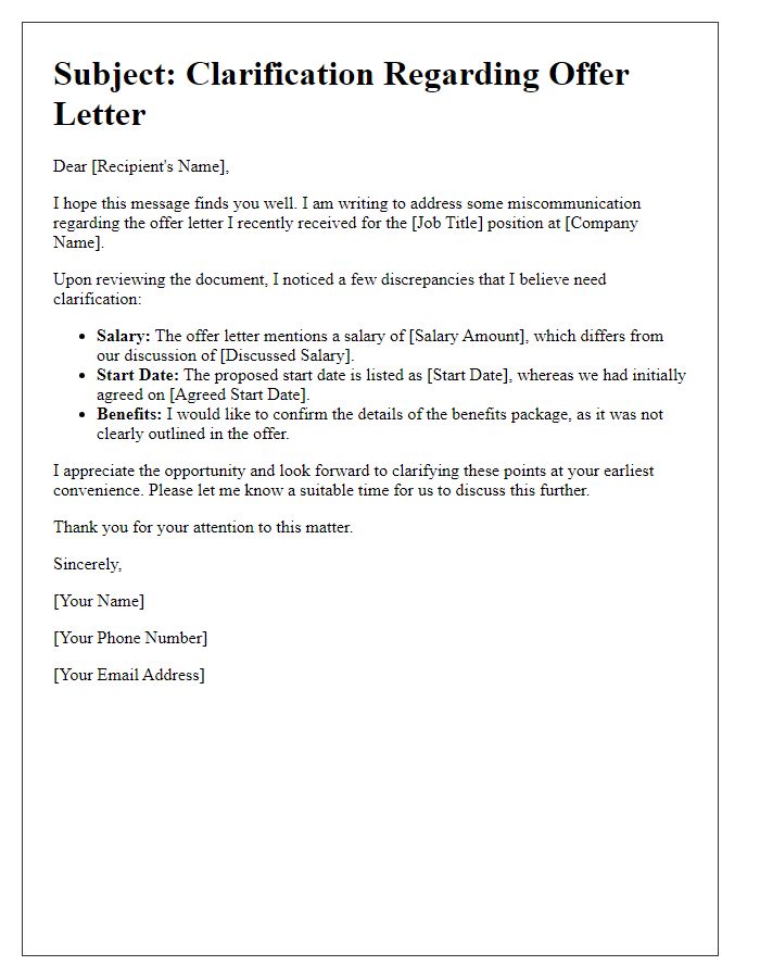 Letter template of Addressing Offer Letter Miscommunication