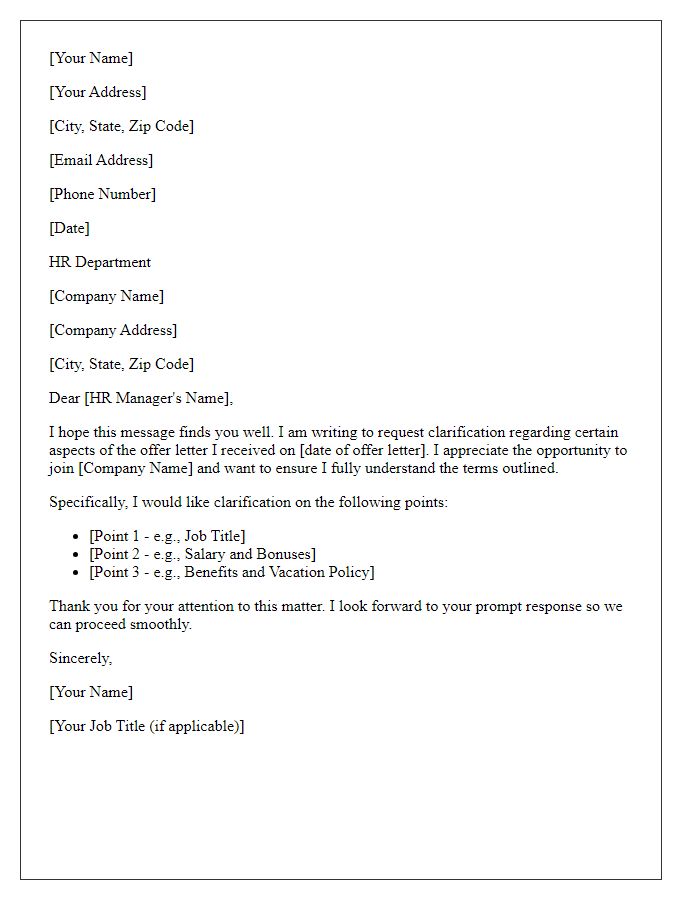 Letter template of Offer Letter Clarification Request
