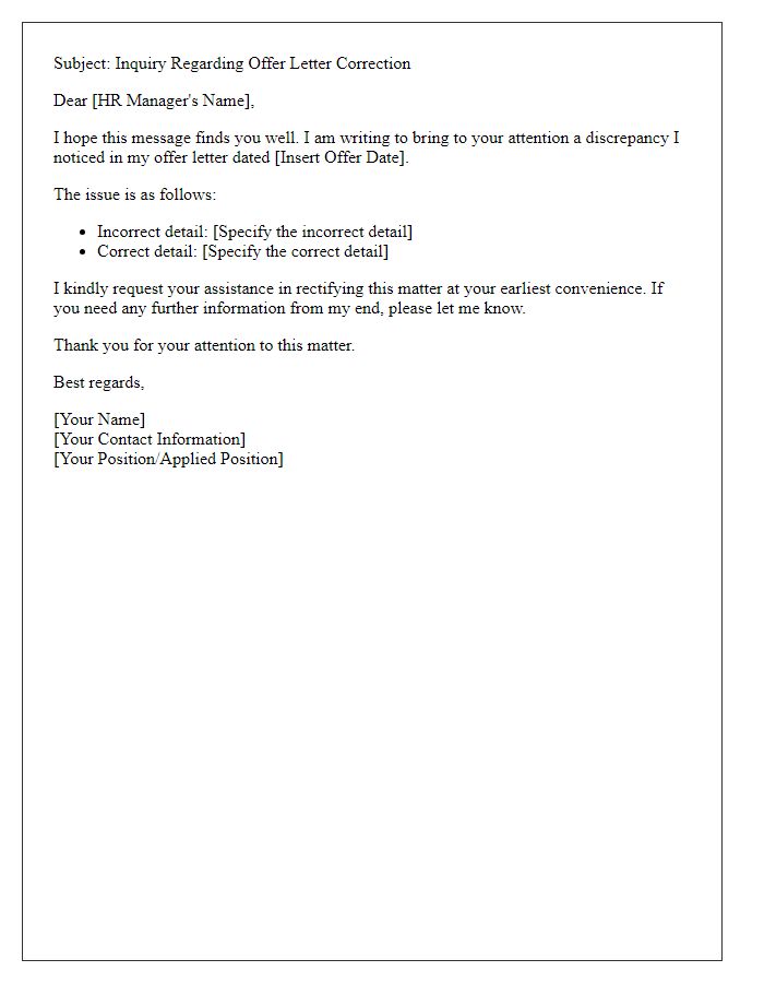 Letter template of Offer Letter Correction Inquiry