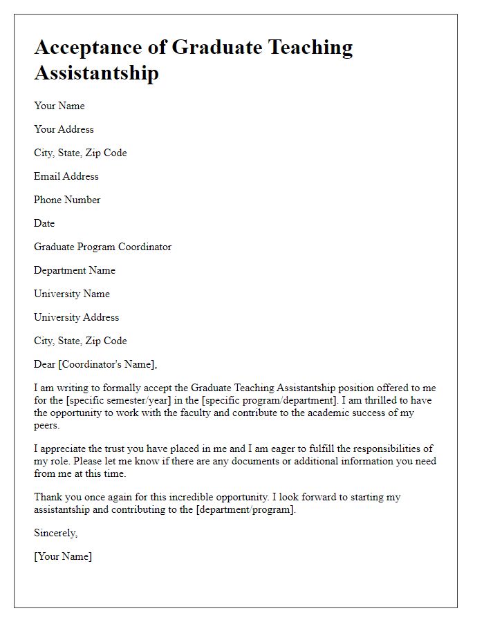 Letter template of acceptance for graduate teaching assistantship.