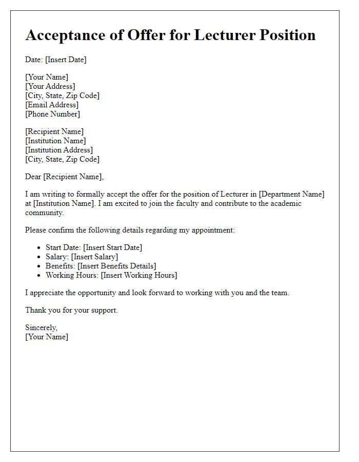 Letter template of acceptance for lecturer position with confirmation details.