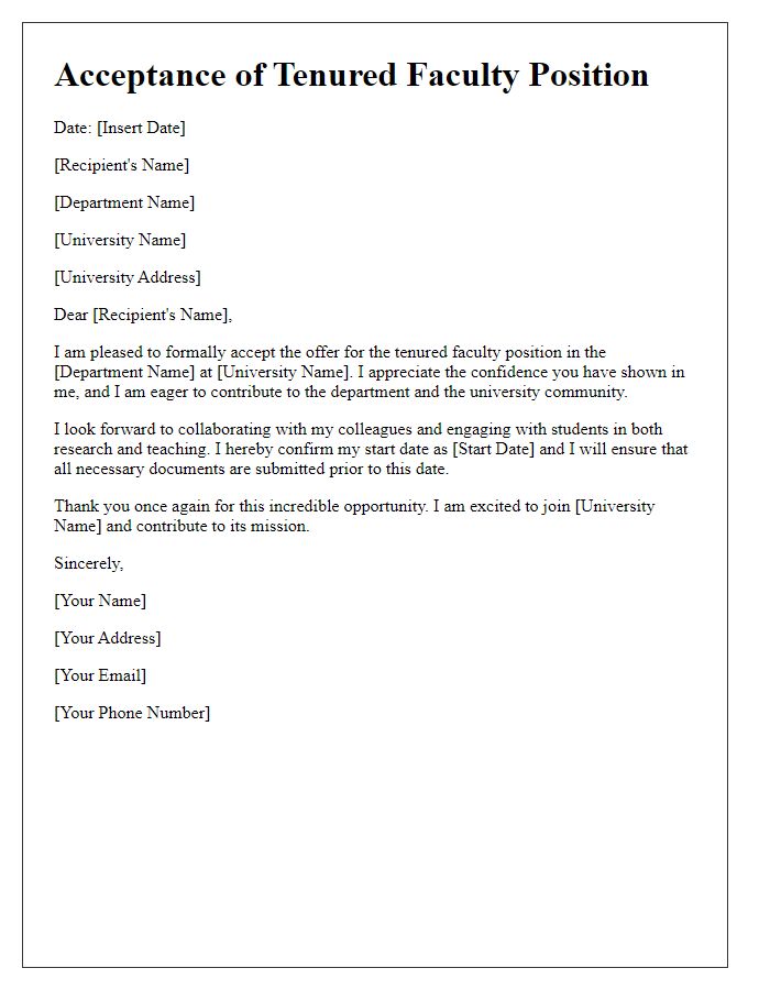 Letter template of acceptance for tenured faculty position.