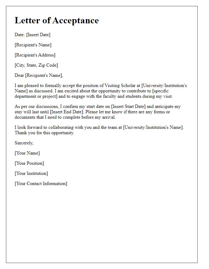 Letter template of acceptance for visiting scholar position.