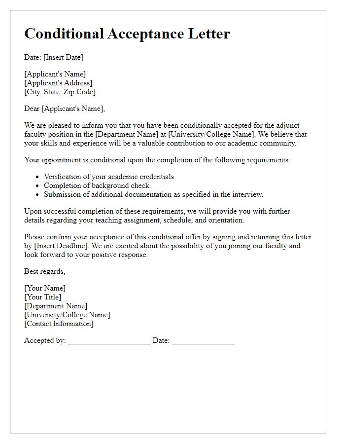 Letter template of conditional acceptance for adjunct faculty role.