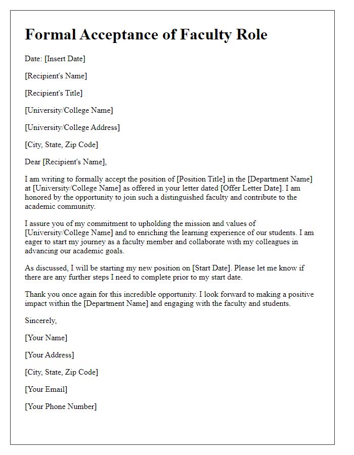 Letter template of formal acceptance for faculty role.