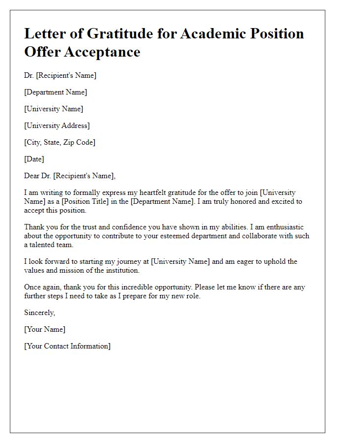 Letter template of gratitude for academic position offer acceptance.