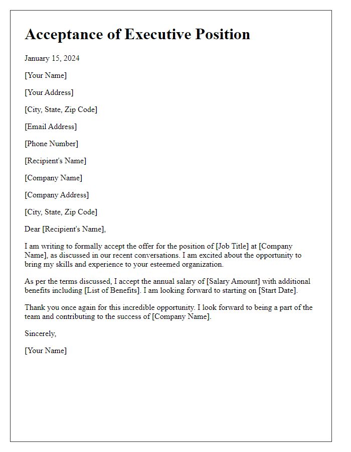 Letter template of Acceptance for Executive Position