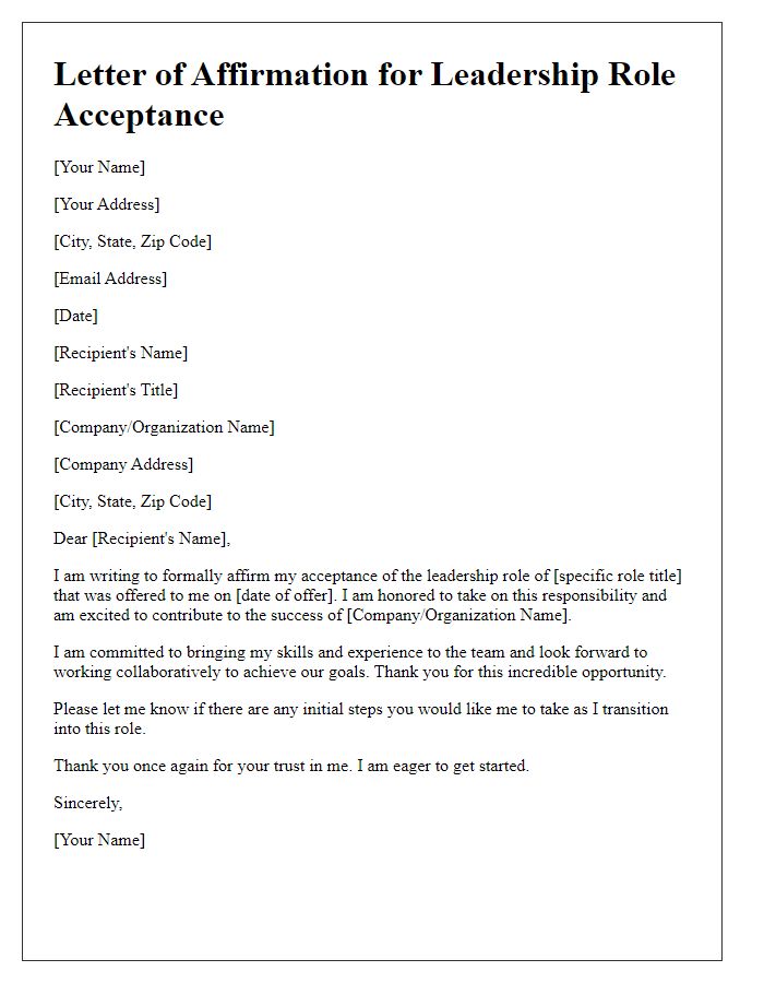 Letter template of Affirmation for Leadership Role Acceptance