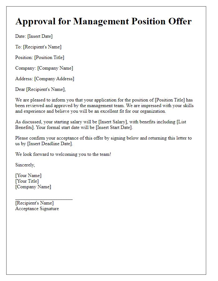 Letter template of Approval for Management Position Offer